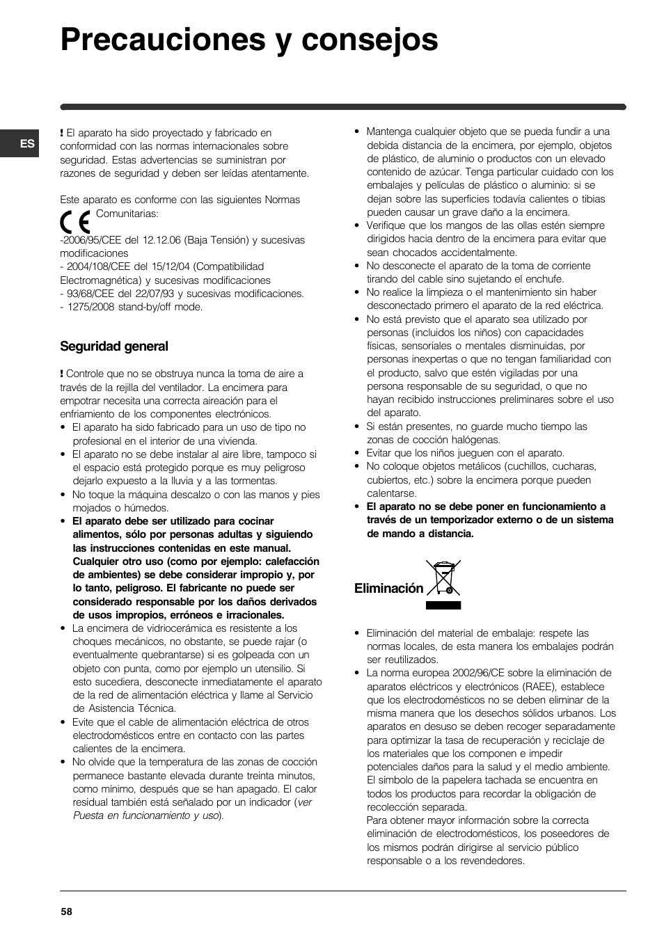 Precauciones y consejos | Indesit VRA 641 D X User Manual | Page 58 / 60