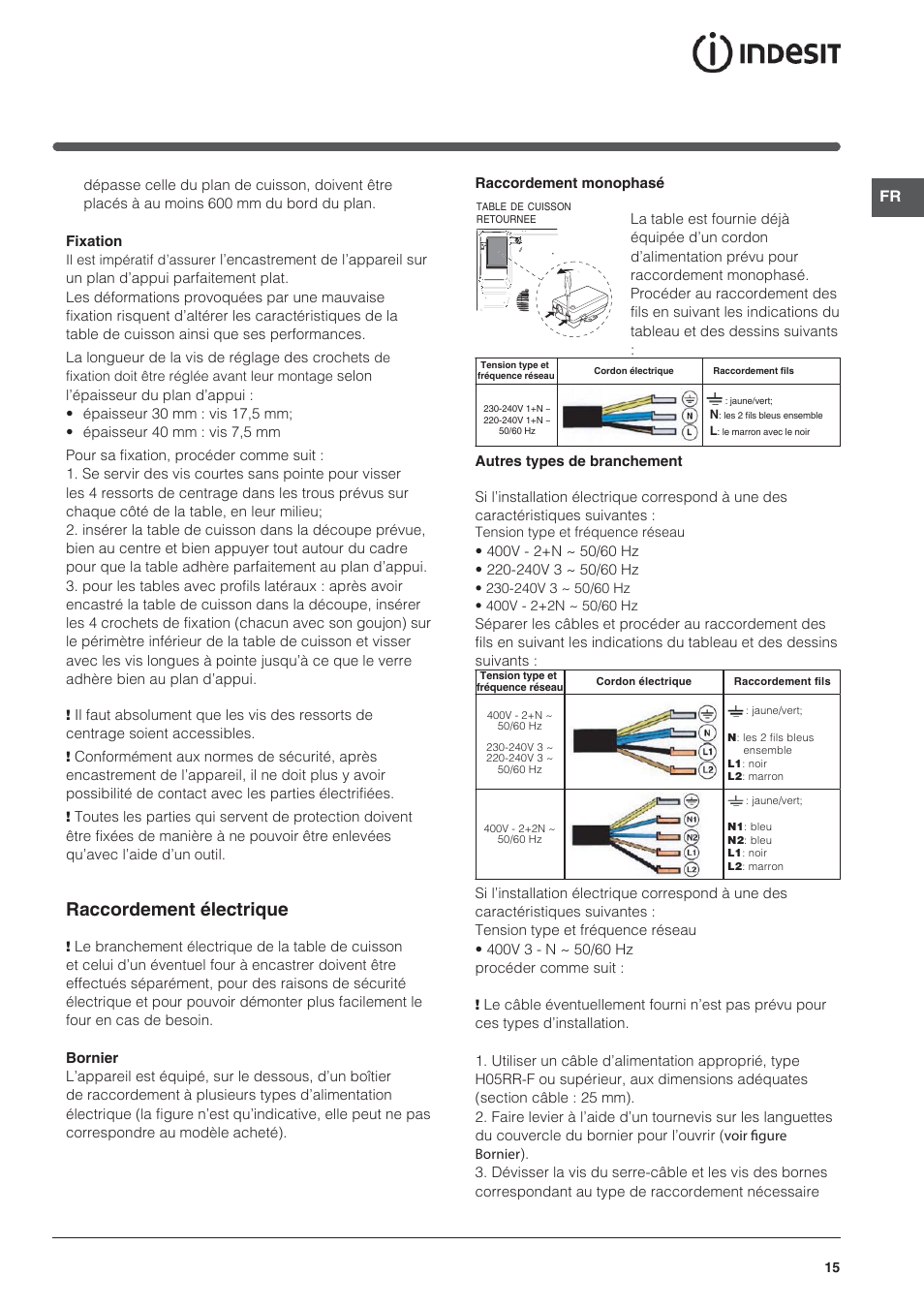 Raccordement électrique | Indesit VRA 640 X User Manual | Page 15 / 80