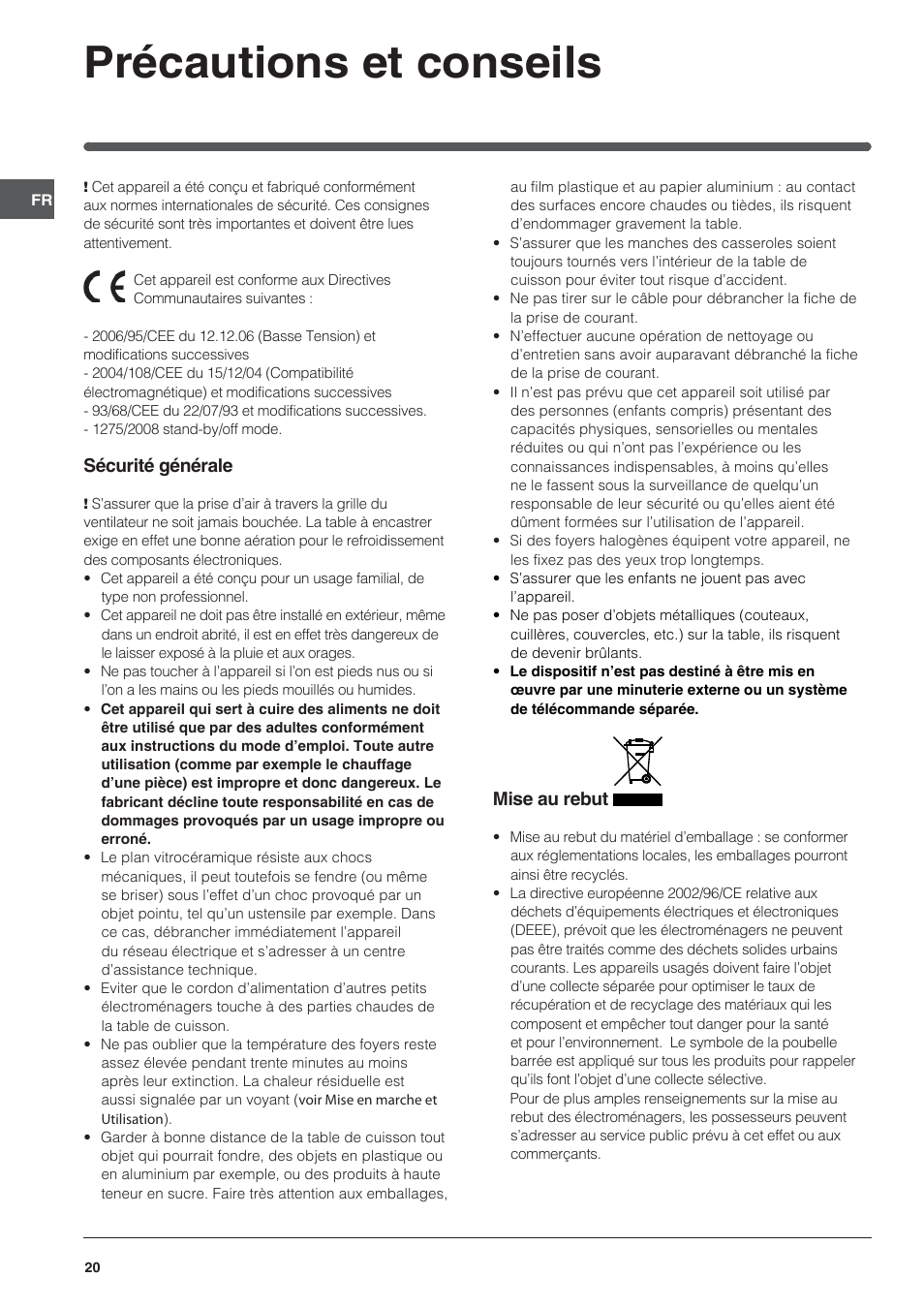 Précautions et conseils | Indesit VRA 640 X User Manual | Page 20 / 80