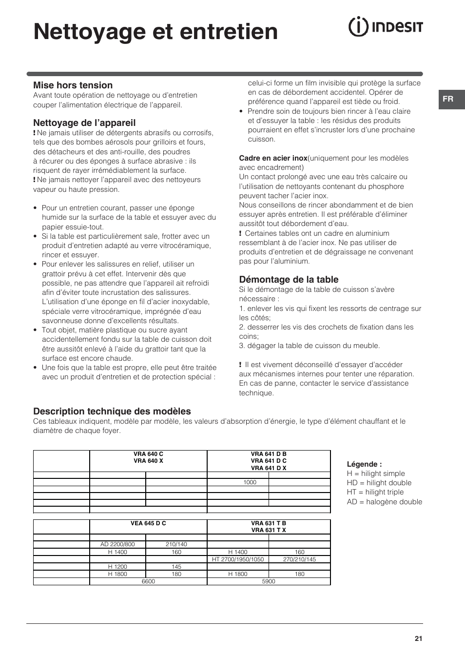 Nettoyage et entretien, Mise hors tension, Nettoyage de l’appareil | Démontage de la table, Description technique des modèles | Indesit VRA 640 X User Manual | Page 21 / 80