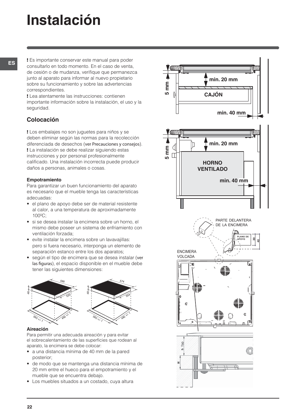 Instalación, Colocación | Indesit VRA 640 X User Manual | Page 22 / 80