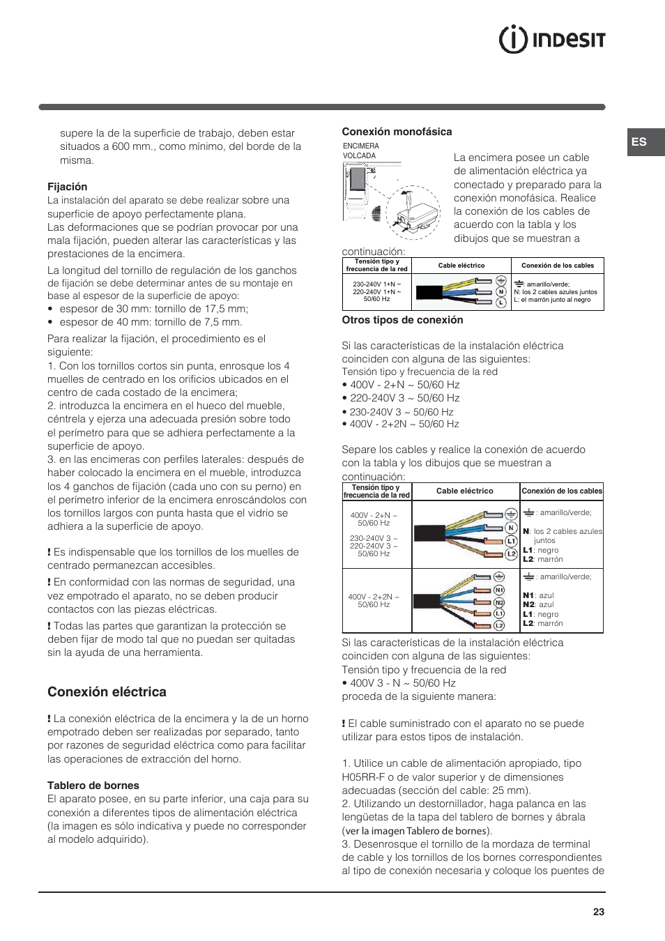 Conexión eléctrica | Indesit VRA 640 X User Manual | Page 23 / 80