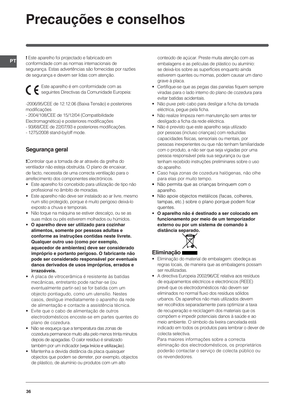 Precauções e conselhos | Indesit VRA 640 X User Manual | Page 36 / 80