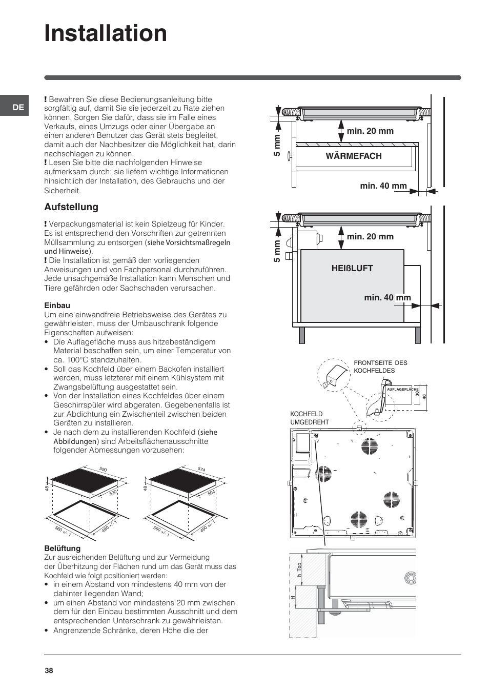Installation, Aufstellung | Indesit VRA 640 X User Manual | Page 38 / 80