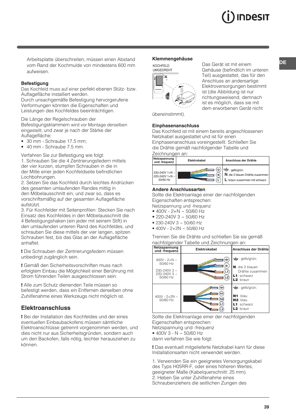 Elektroanschluss | Indesit VRA 640 X User Manual | Page 39 / 80