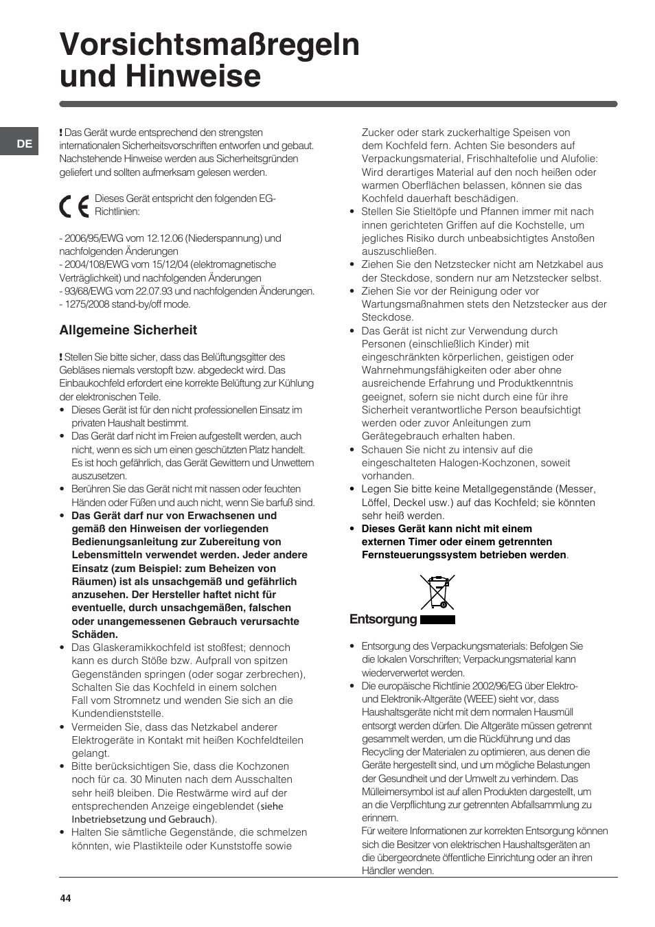 Vorsichtsmaßregeln und hinweise | Indesit VRA 640 X User Manual | Page 44 / 80