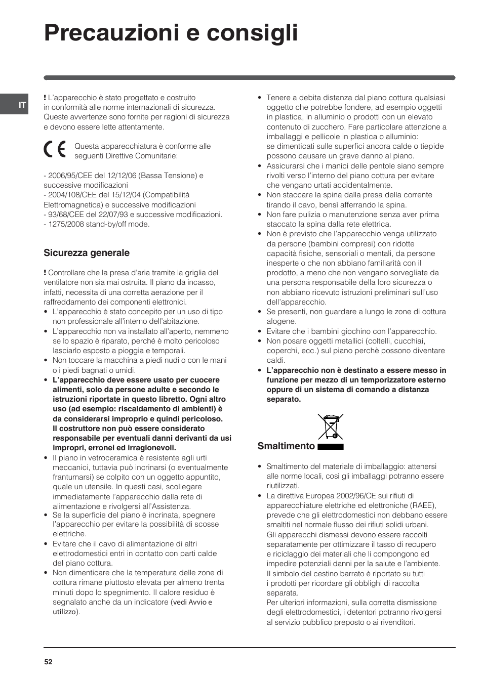 Precauzioni e consigli | Indesit VRA 640 X User Manual | Page 52 / 80