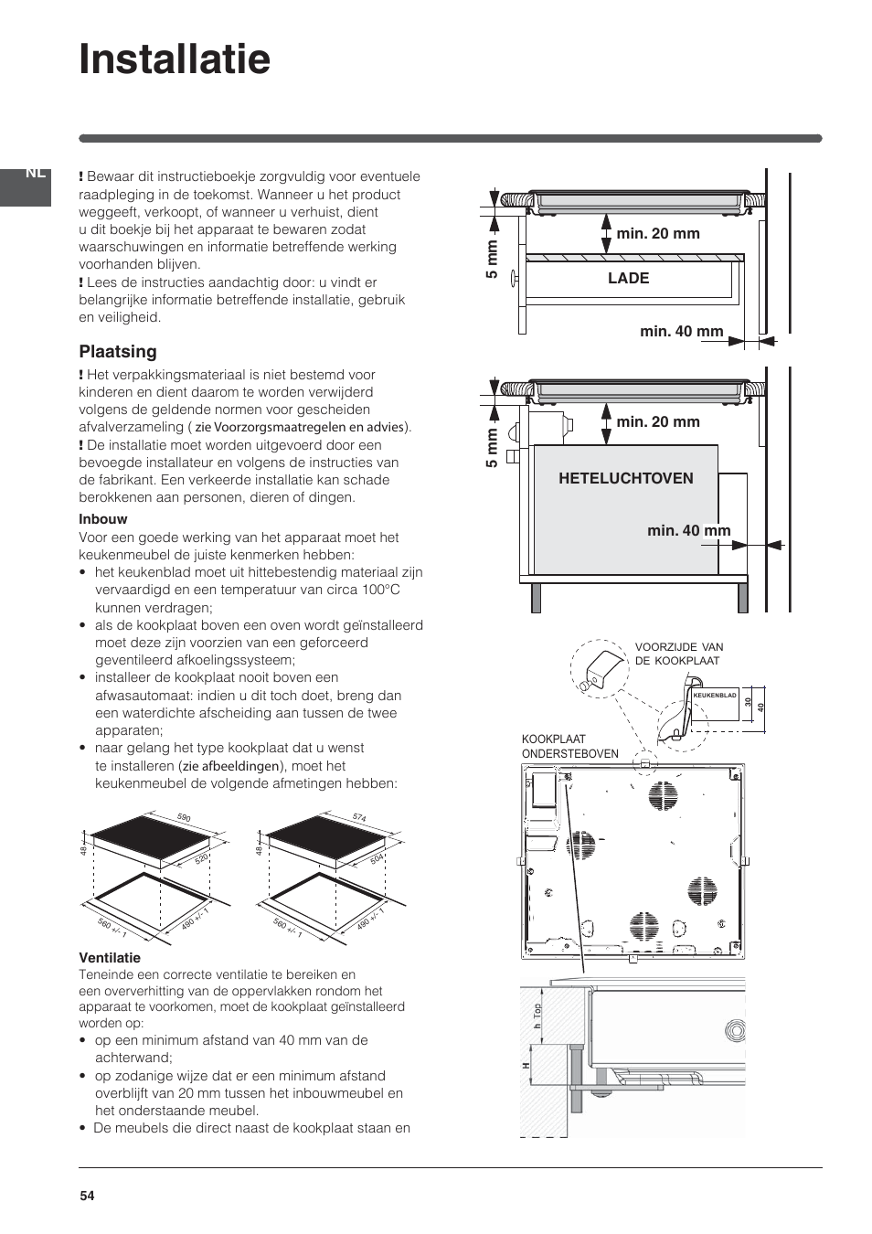 Installatie, Plaatsing | Indesit VRA 640 X User Manual | Page 54 / 80