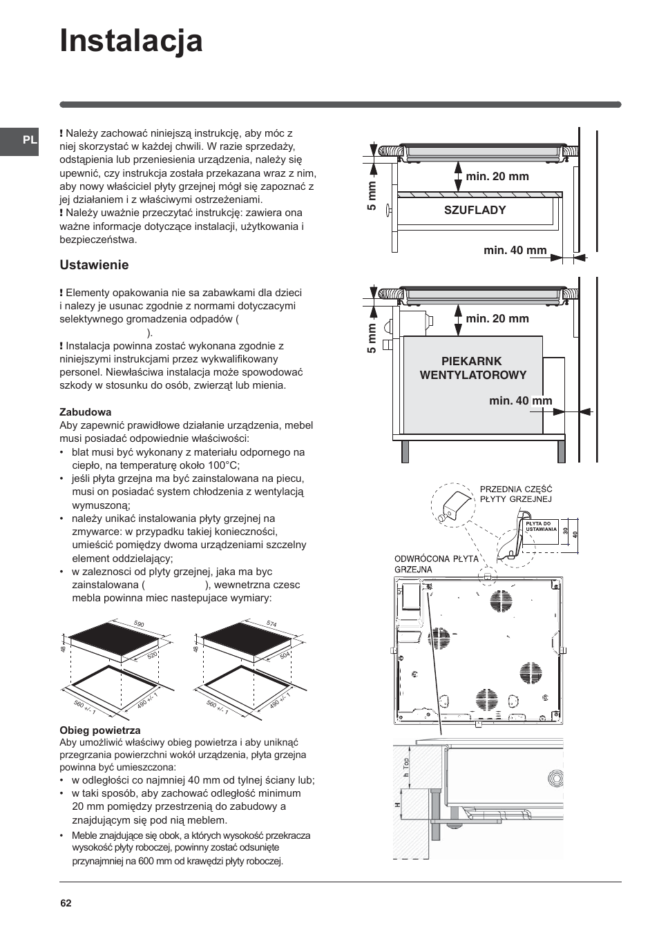 Instalacja, Ustawienie | Indesit VRA 640 X User Manual | Page 62 / 80