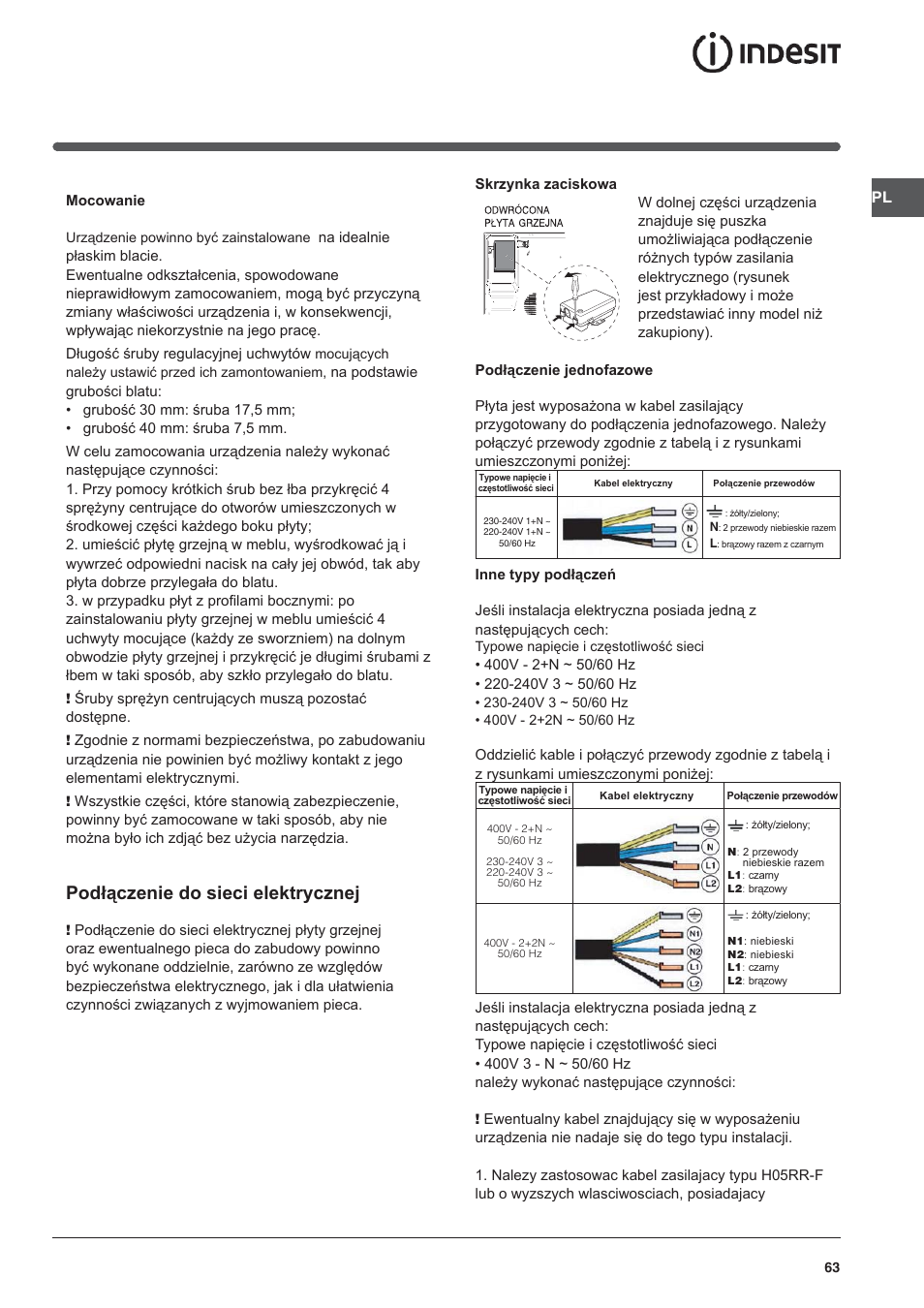 Podłączenie do sieci elektrycznej | Indesit VRA 640 X User Manual | Page 63 / 80