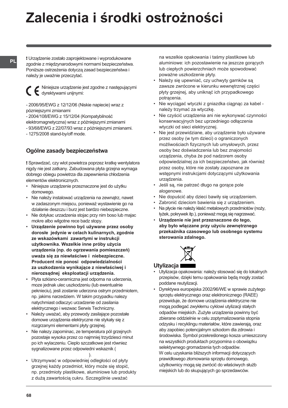 Zalecenia i środki ostrożności | Indesit VRA 640 X User Manual | Page 68 / 80