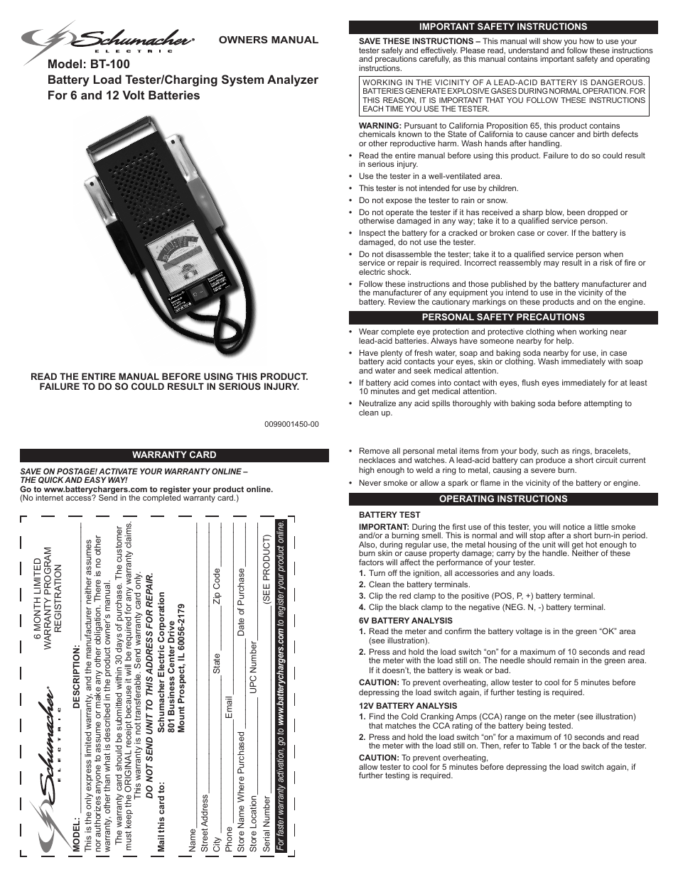 Schumacher BT-100 User Manual | 2 pages
