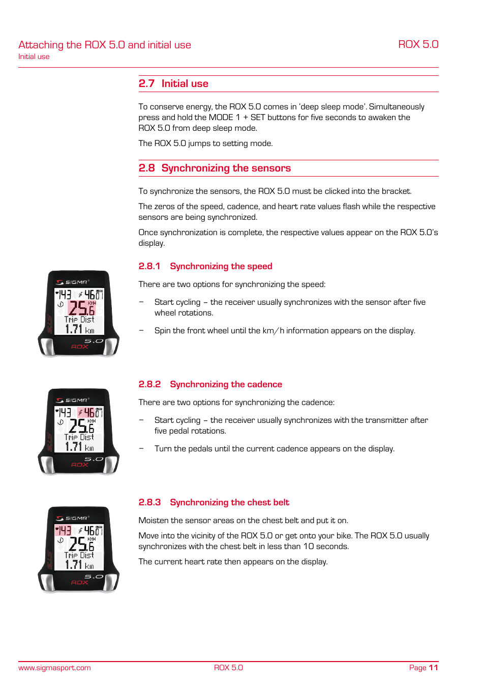 Attaching the rox 5.0 and initial use rox 5.0, 7 initial use, 8 synchronizing the sensors | SIGMA ROX 5.0 User Manual | Page 11 / 40