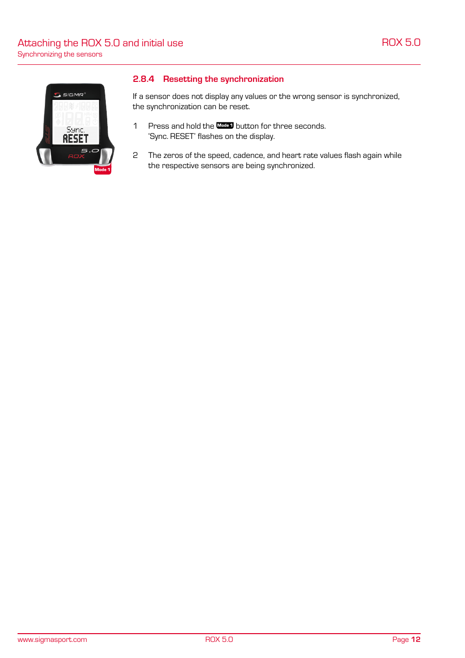 Attaching the rox 5.0 and initial use, Rox 5.0 | SIGMA ROX 5.0 User Manual | Page 12 / 40