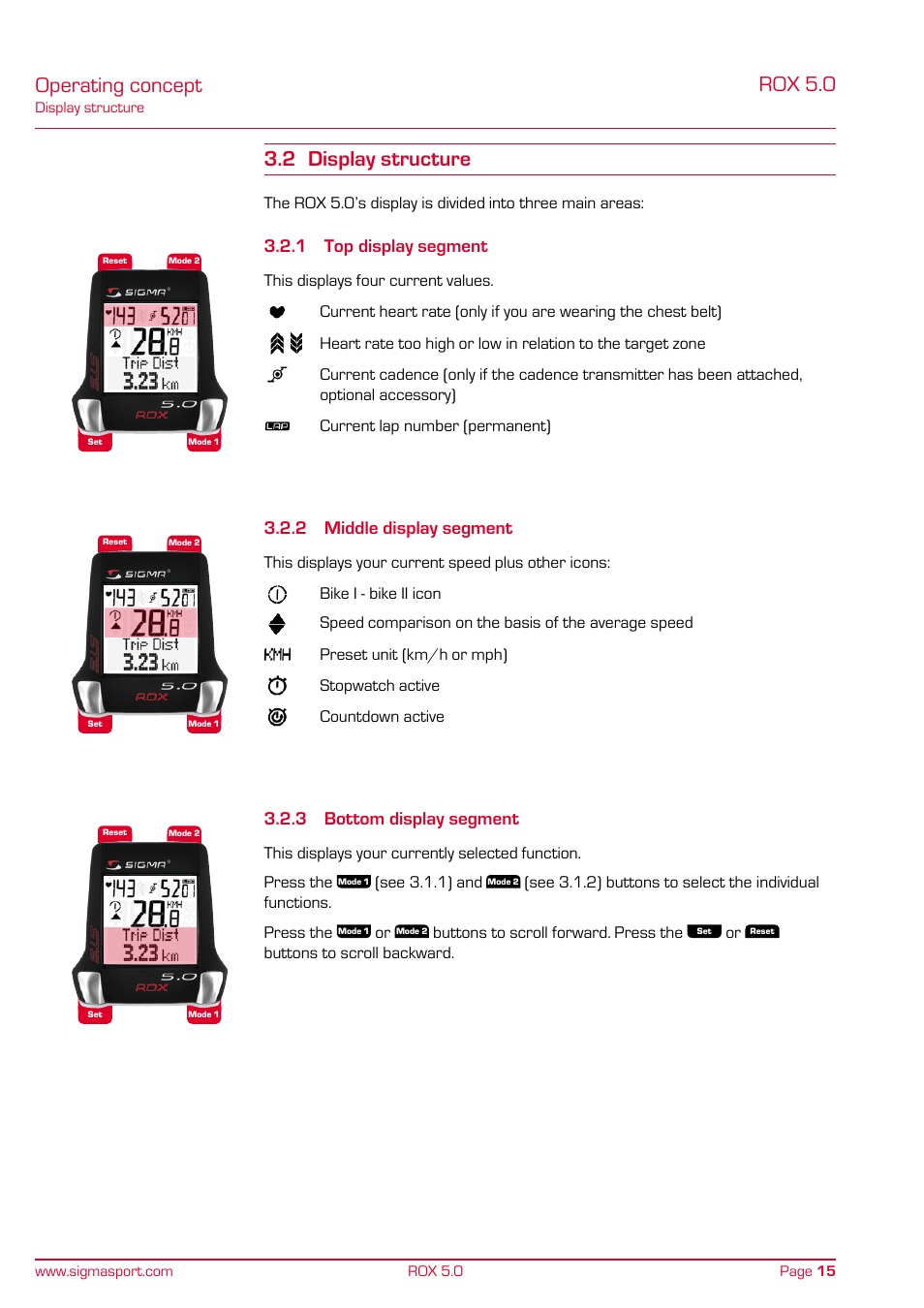 Operating concept rox 5.0, 2 display structure, 1 top display segment | 2 middle display segment, 3 bottom display segment | SIGMA ROX 5.0 User Manual | Page 15 / 40