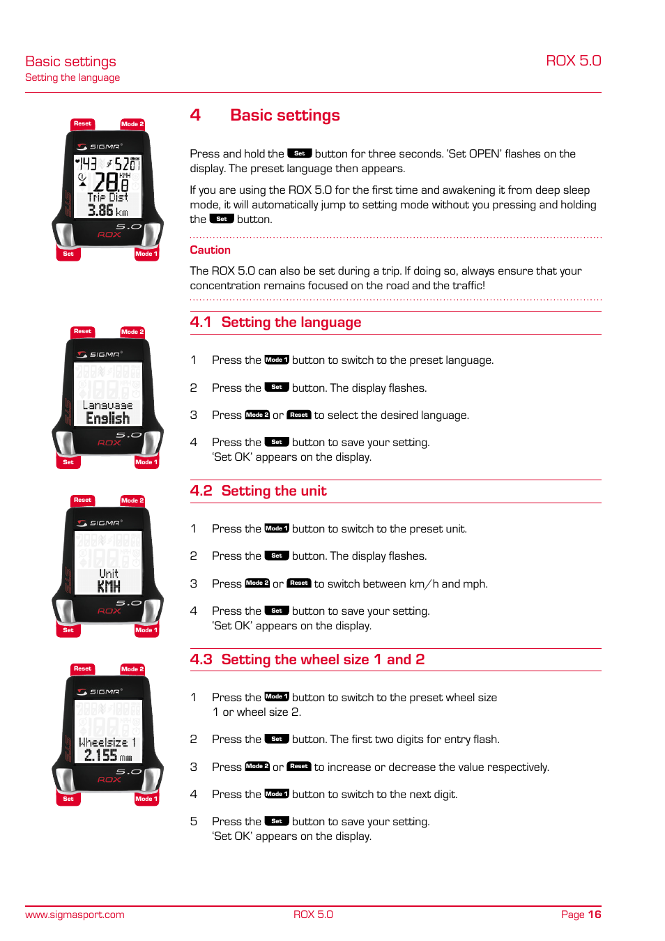 4basic settings, Basic settings, Rox 5.0 | 1 setting the language, 2 setting the unit, 3 setting the wheel size 1 and 2 | SIGMA ROX 5.0 User Manual | Page 16 / 40