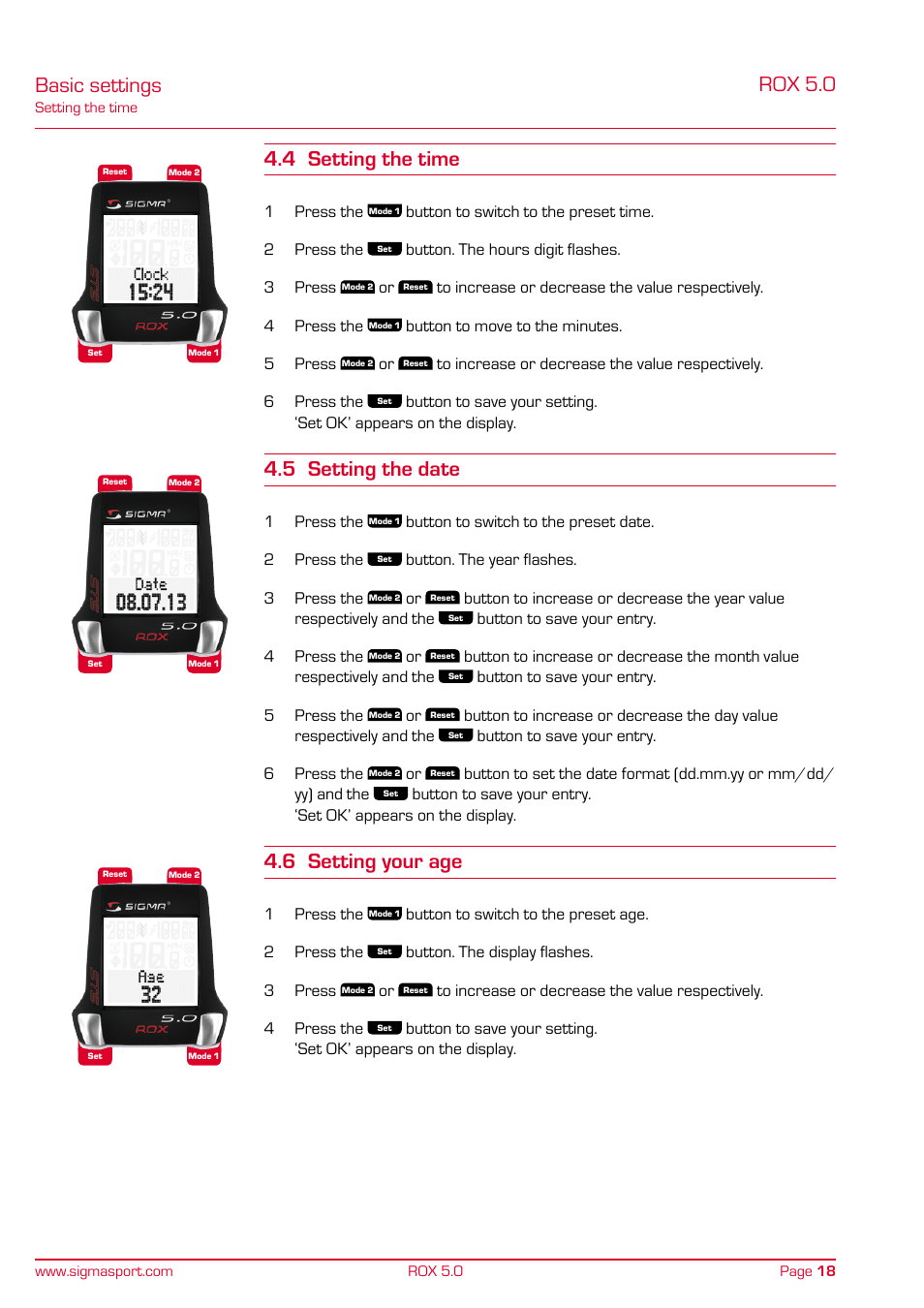 Basic settings, Rox 5.0, 4 setting the time | 5 setting the date, 6 setting your age | SIGMA ROX 5.0 User Manual | Page 18 / 40
