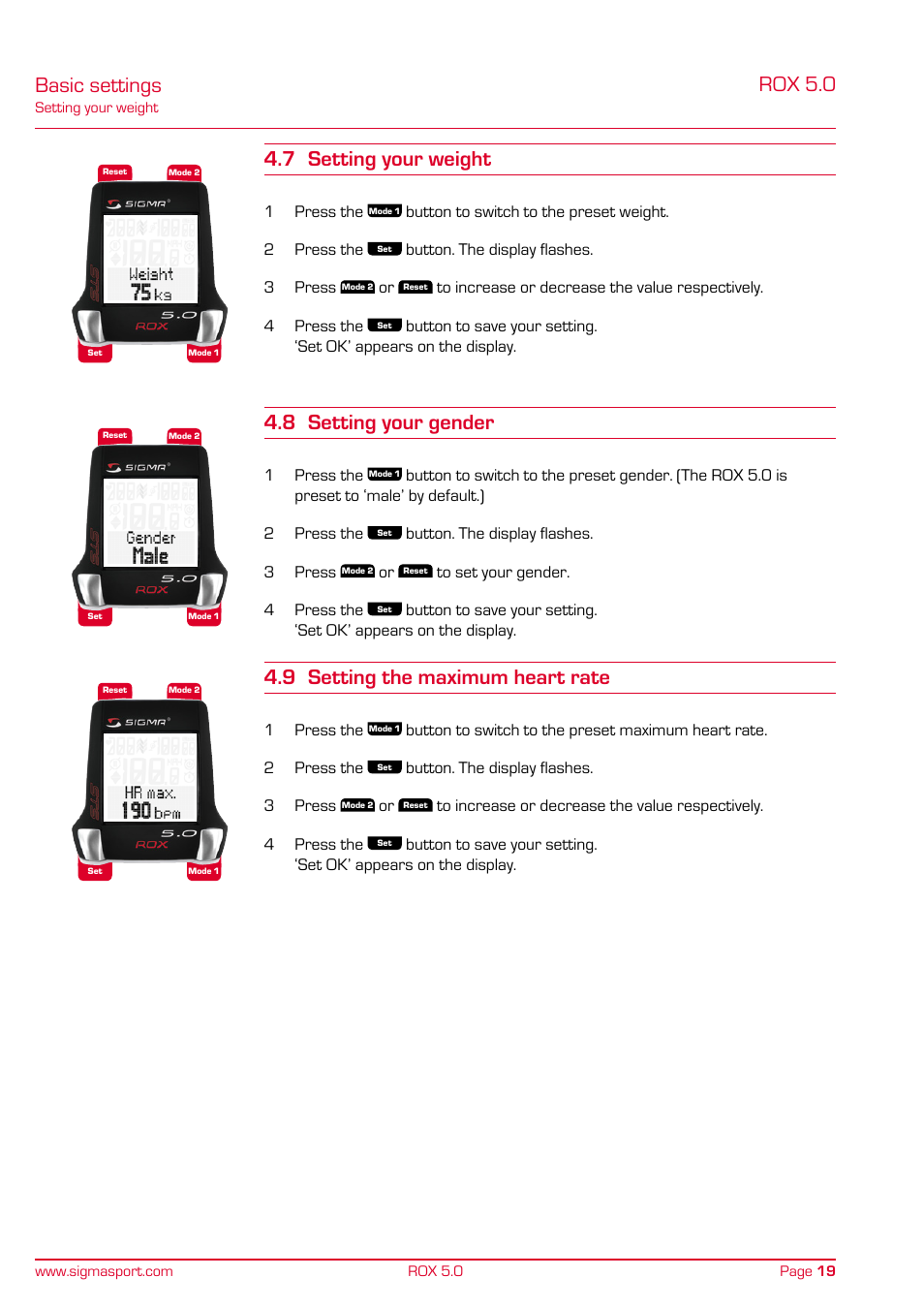 Basic settings rox 5.0, 7 setting your weight, 8 setting your gender | 9 setting the maximum heart rate | SIGMA ROX 5.0 User Manual | Page 19 / 40