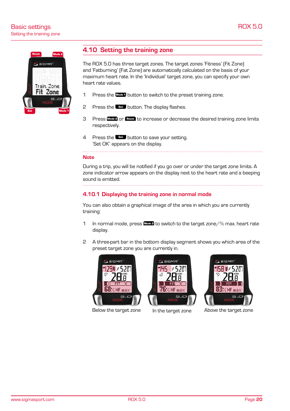 Basic settings, Rox 5.0, 10 setting the training zone | 1 displaying the training zone in normal mode | SIGMA ROX 5.0 User Manual | Page 20 / 40