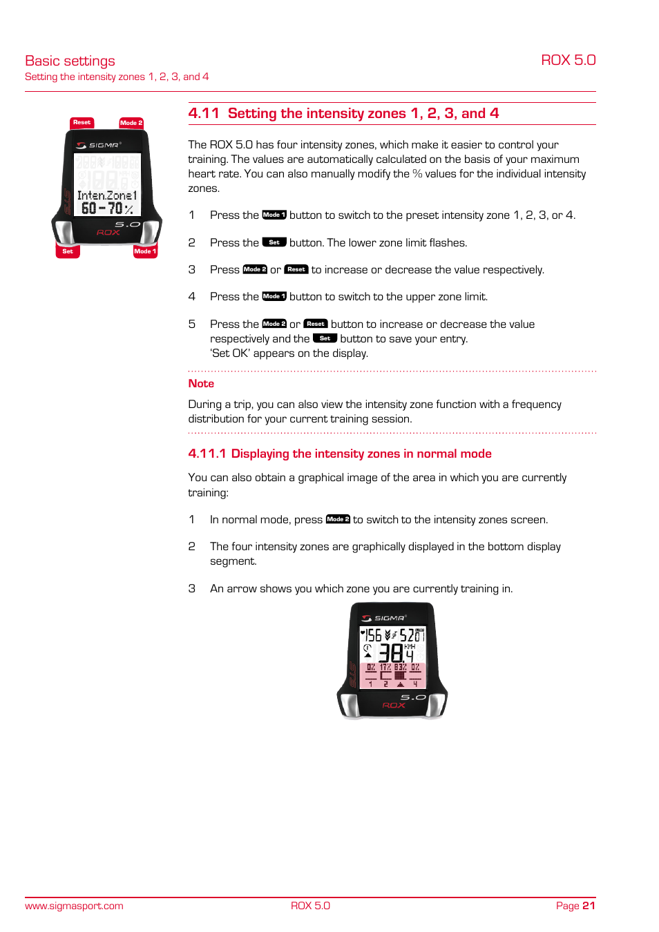 Basic settings rox 5.0, 1 displaying the intensity zones in normal mode | SIGMA ROX 5.0 User Manual | Page 21 / 40