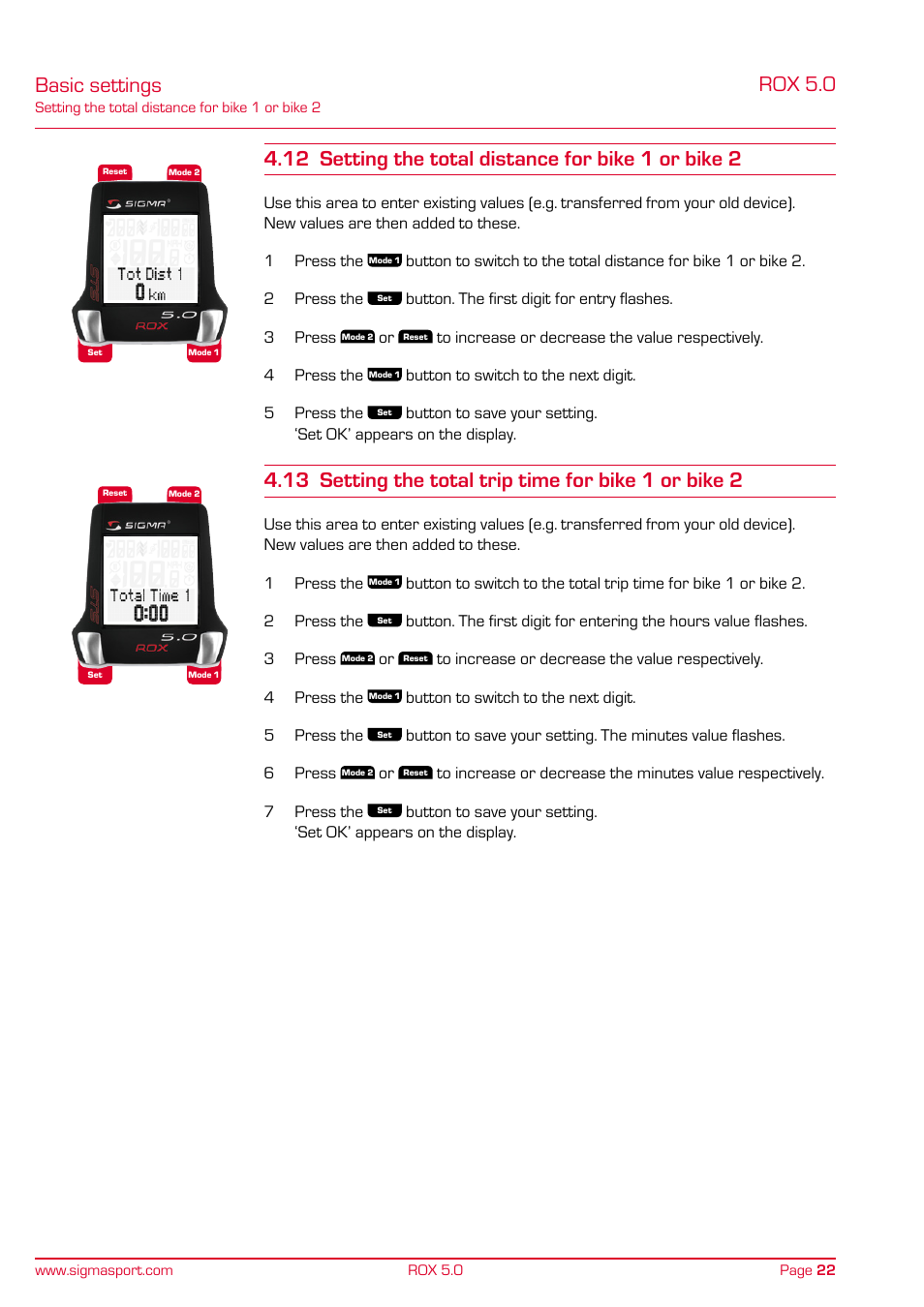 Basic settings, Rox 5.0, 12 setting the total distance for bike 1 or bike 2 | SIGMA ROX 5.0 User Manual | Page 22 / 40