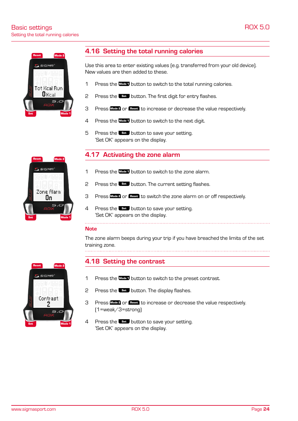 Basic settings, Rox 5.0, 16 setting the total running calories | 17 activating the zone alarm, 18 setting the contrast | SIGMA ROX 5.0 User Manual | Page 24 / 40