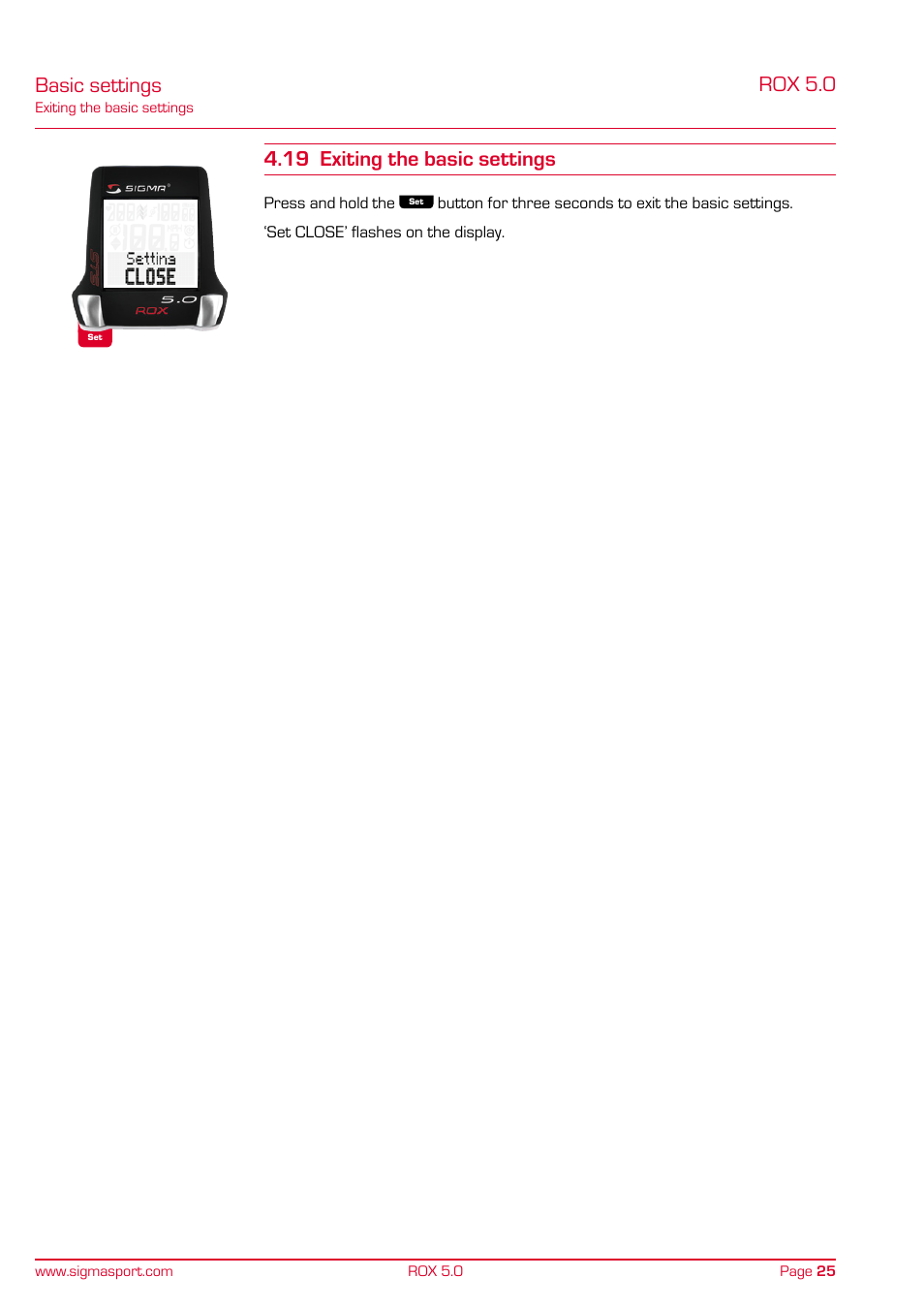 Basic settings rox 5.0, 19 exiting the basic settings | SIGMA ROX 5.0 User Manual | Page 25 / 40