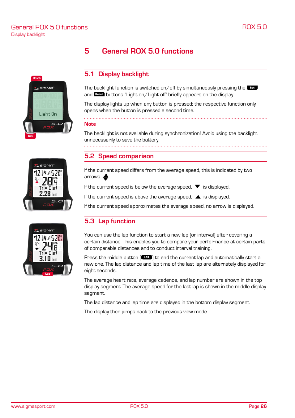 5general rox 5.0 functions, General rox 5.0 functions, Rox 5.0 | 1 display backlight, 2 speed comparison, 3 lap function | SIGMA ROX 5.0 User Manual | Page 26 / 40