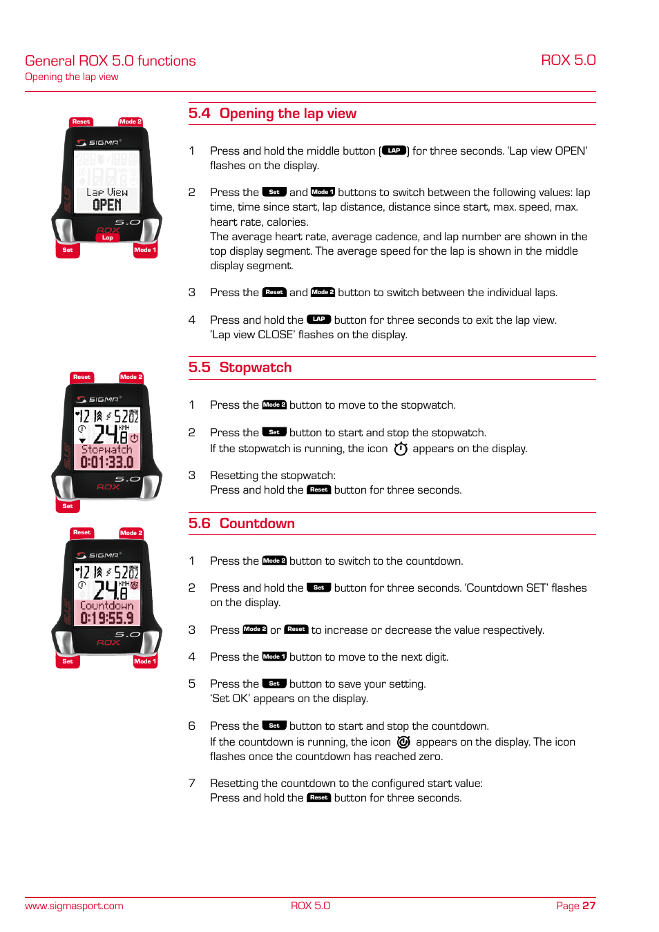 General rox 5.0 functions rox 5.0, 4 opening the lap view, 5 stopwatch | 6 countdown | SIGMA ROX 5.0 User Manual | Page 27 / 40