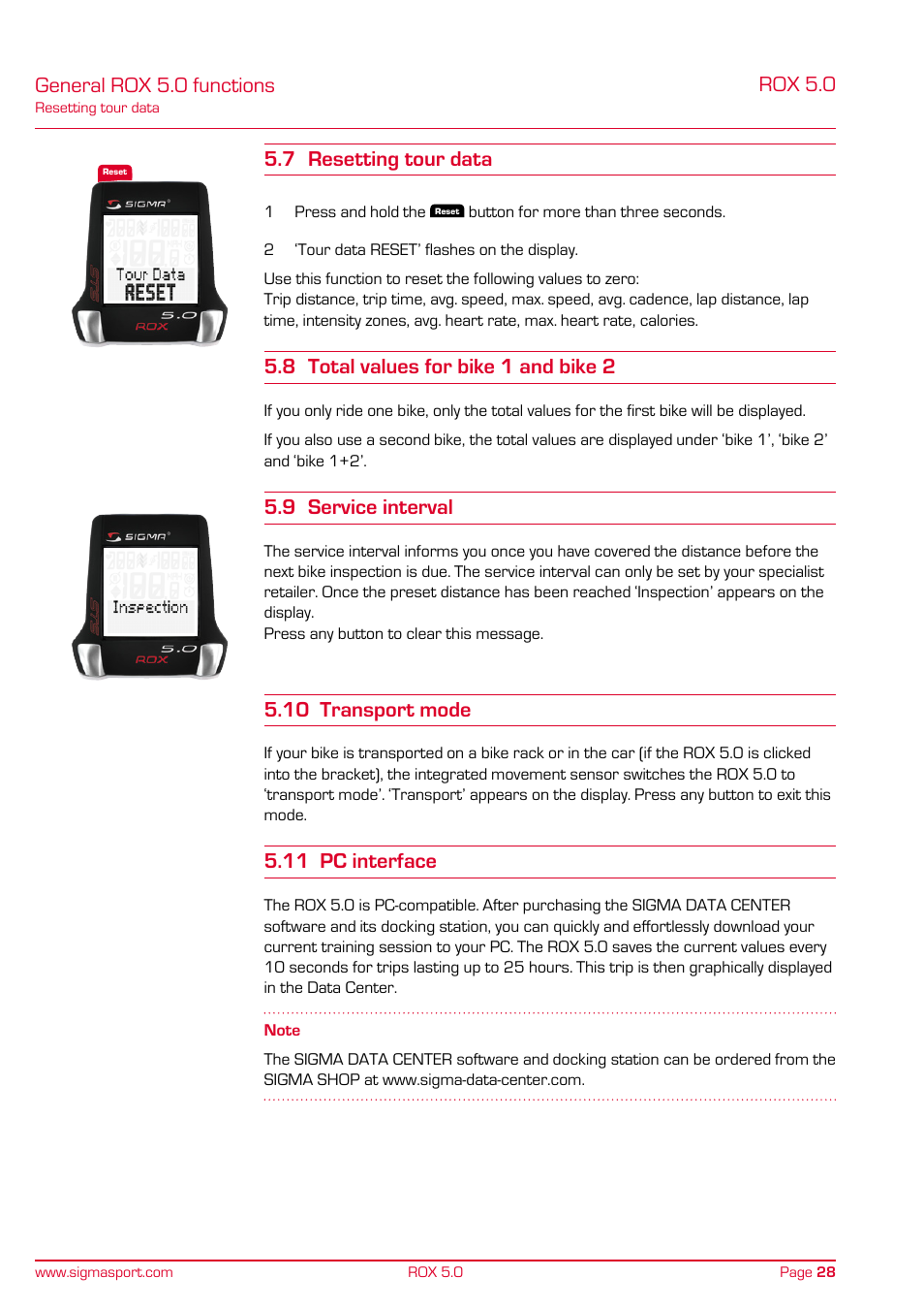 General rox 5.0 functions, Rox 5.0, 7 resetting tour data | 8 total values for bike 1 and bike 2, 9 service interval, 10 transport mode, 11 pc interface | SIGMA ROX 5.0 User Manual | Page 28 / 40