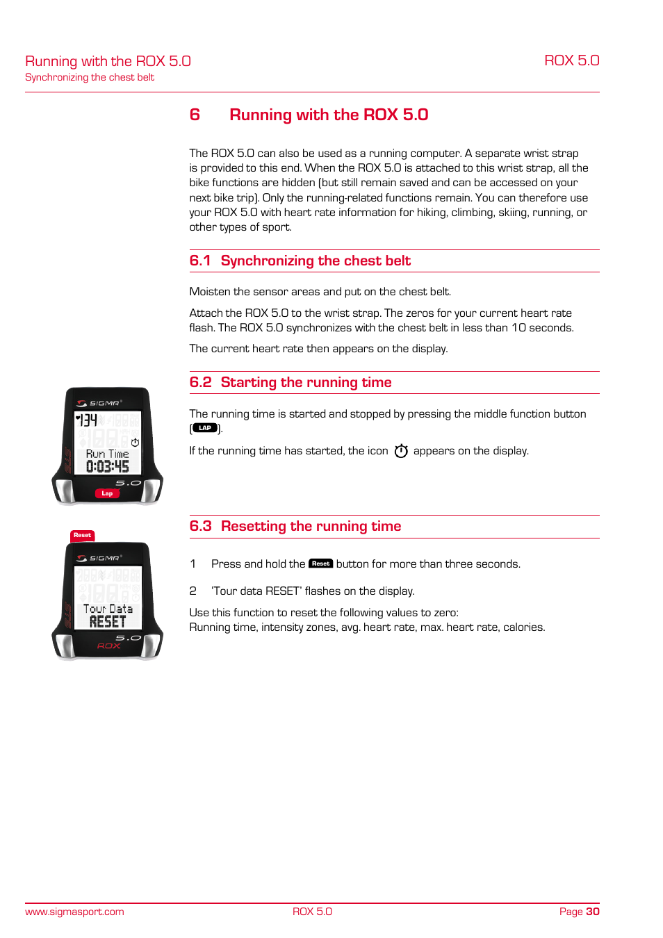 6running with the rox 5.0, Running with the rox 5.0, Rox 5.0 | 1 synchronizing the chest belt, 2 starting the running time, 3 resetting the running time | SIGMA ROX 5.0 User Manual | Page 30 / 40