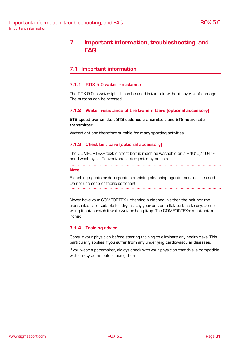 7important information, troubleshooting, and faq | SIGMA ROX 5.0 User Manual | Page 31 / 40