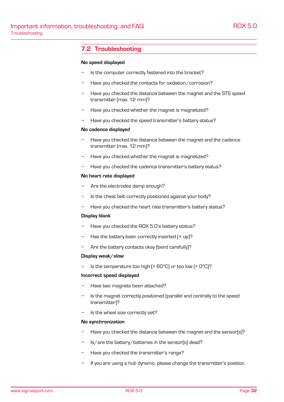 Important information, troubleshooting, and faq, Rox 5.0, 2 troubleshooting | SIGMA ROX 5.0 User Manual | Page 32 / 40