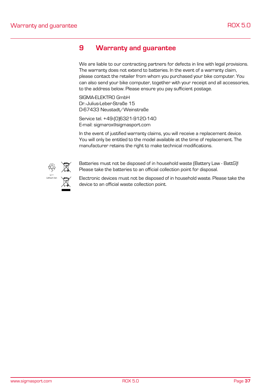 9warranty and guarantee, Rox 5.0, Warranty and guarantee | SIGMA ROX 5.0 User Manual | Page 37 / 40
