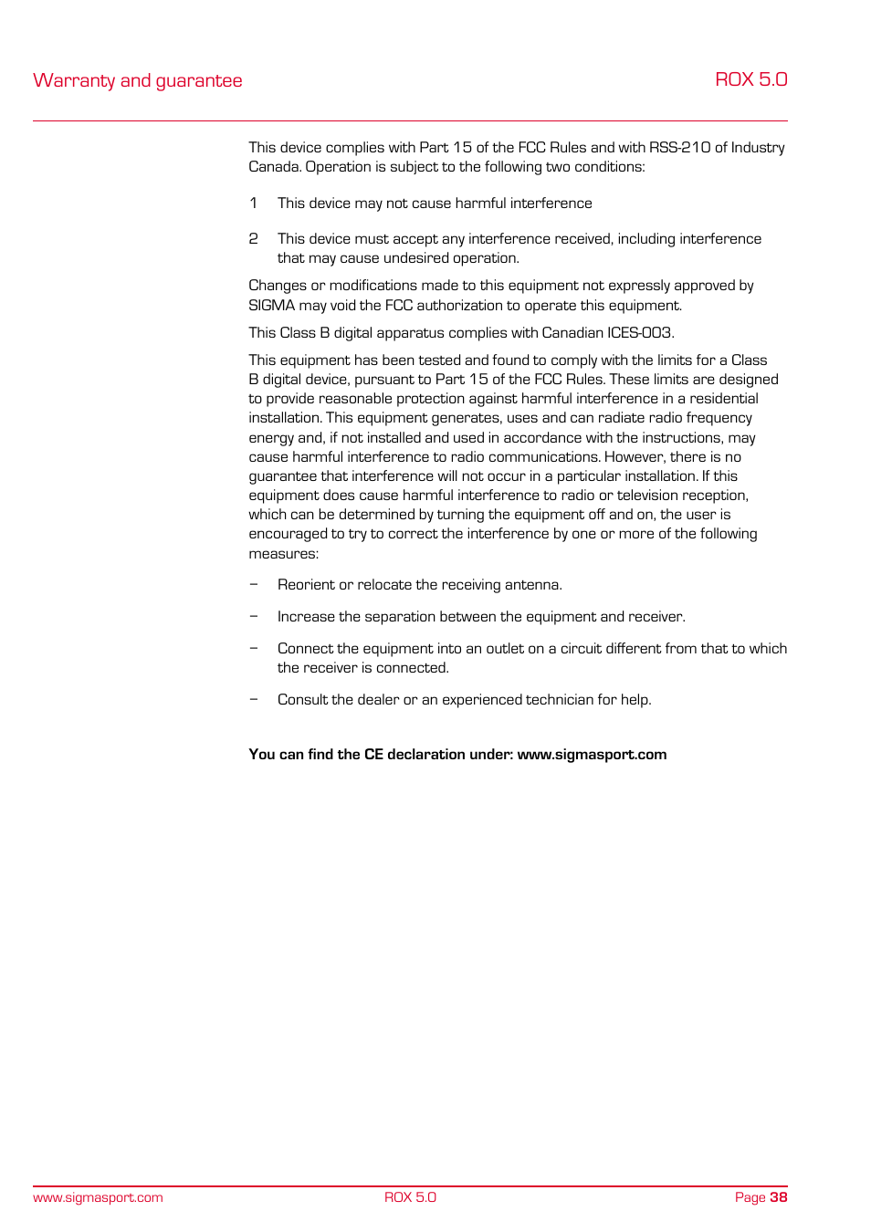 Rox 5.0, Warranty and guarantee | SIGMA ROX 5.0 User Manual | Page 38 / 40