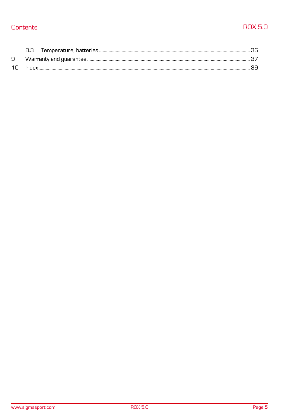 Contents rox 5.0 | SIGMA ROX 5.0 User Manual | Page 5 / 40