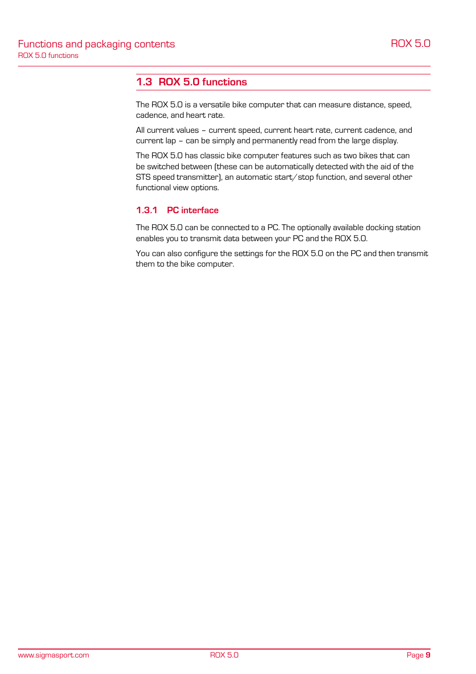 Functions and packaging contents rox 5.0, 3 rox 5.0 functions | SIGMA ROX 5.0 User Manual | Page 9 / 40