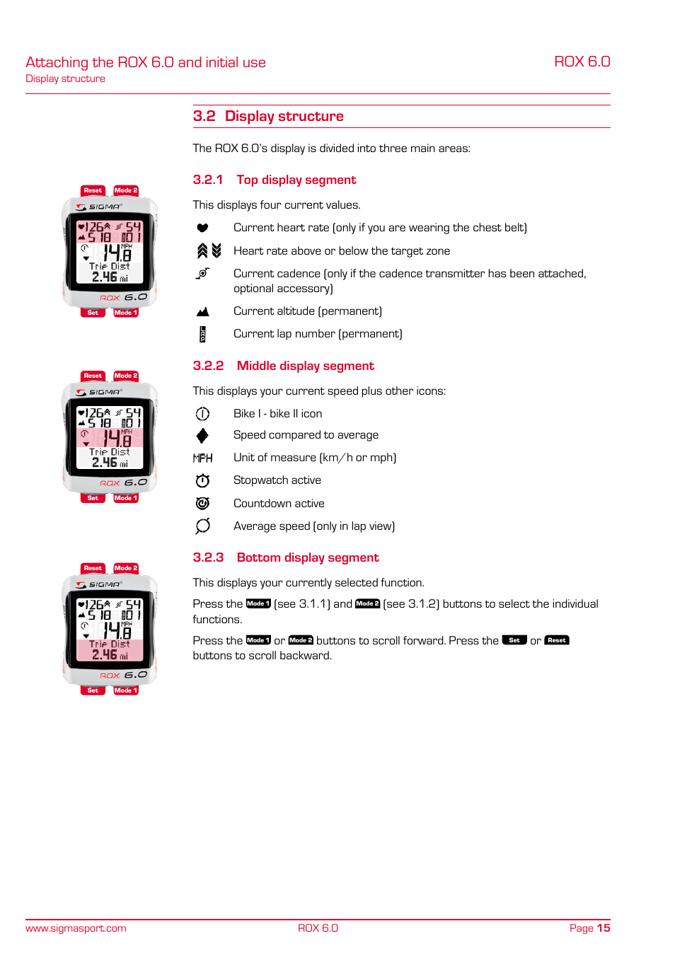 Rox 6.0, 1 top display segment, 2 middle display segment | 3 bottom display segment | SIGMA ROX 6.0 CAD User Manual | Page 15 / 42