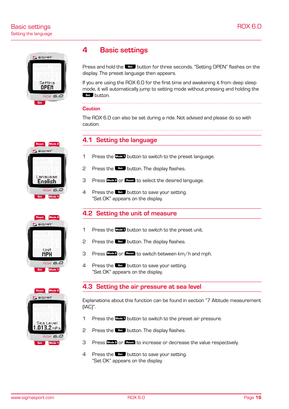 4basic settings, Rox 6.0, Basic settings | 1 setting the language, 2 setting the unit of measure, 3 setting the air pressure at sea level | SIGMA ROX 6.0 CAD User Manual | Page 16 / 42