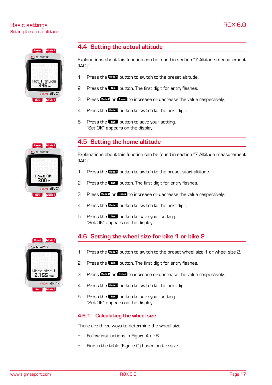 Rox 6.0, Basic settings 4.4 setting the actual altitude, 5 setting the home altitude | 6 setting the wheel size for bike 1 or bike 2, 1 calculating the wheel size | SIGMA ROX 6.0 CAD User Manual | Page 17 / 42
