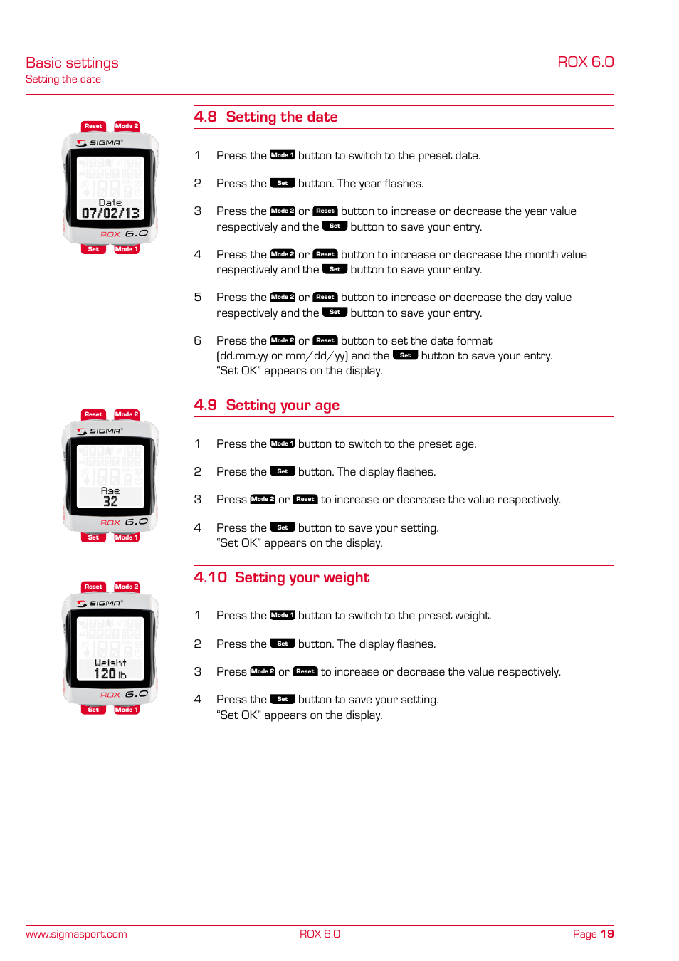 Rox 6.0, Basic settings 4.8 setting the date, 9 setting your age | 10 setting your weight | SIGMA ROX 6.0 CAD User Manual | Page 19 / 42