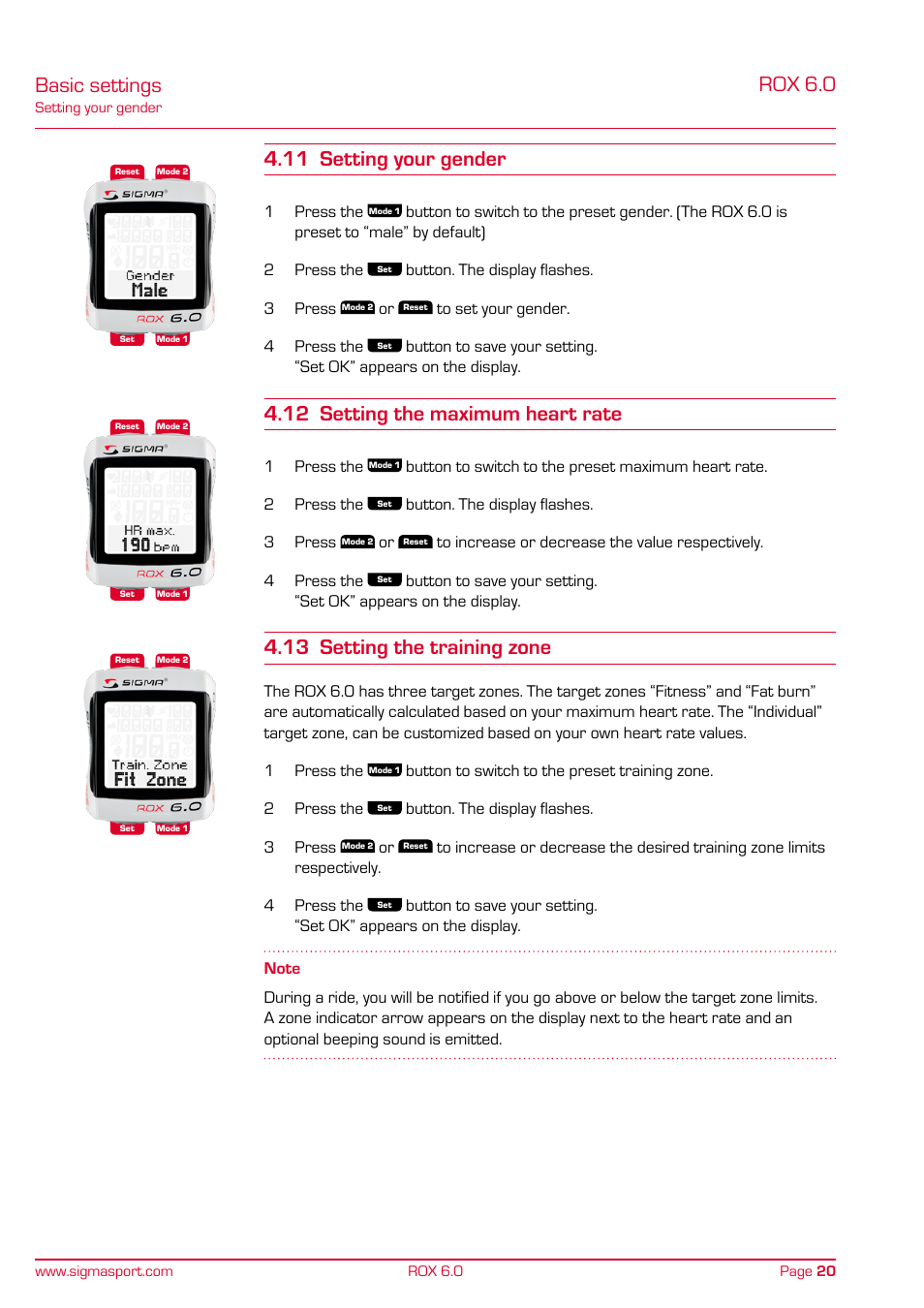 Rox 6.0, Basic settings 4.11 setting your gender, 12 setting the maximum heart rate | 13 setting the training zone | SIGMA ROX 6.0 CAD User Manual | Page 20 / 42