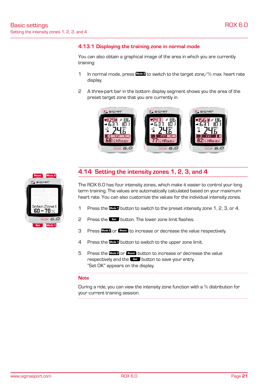 Rox 6.0, Basic settings, 1 displaying the training zone in normal mode | SIGMA ROX 6.0 CAD User Manual | Page 21 / 42