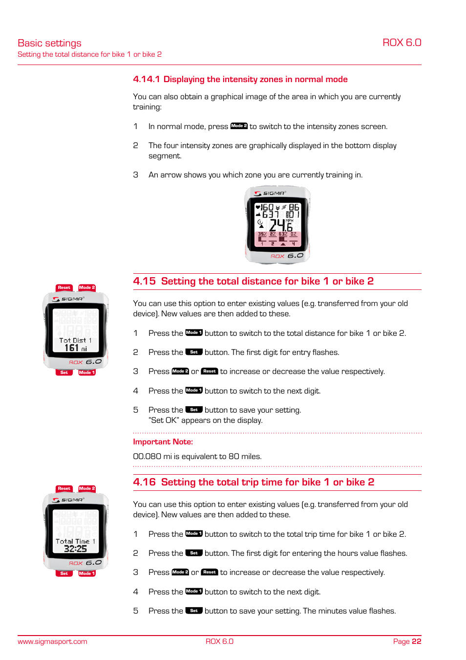 Rox 6.0, Basic settings, 15 setting the total distance for bike 1 or bike 2 | 1 displaying the intensity zones in normal mode | SIGMA ROX 6.0 CAD User Manual | Page 22 / 42