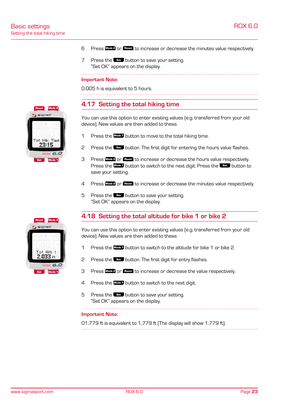 Rox 6.0, Basic settings, 17 setting the total hiking time | 18 setting the total altitude for bike 1 or bike 2 | SIGMA ROX 6.0 CAD User Manual | Page 23 / 42