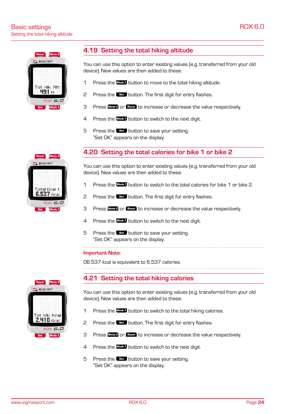 Rox 6.0, 20 setting the total calories for bike 1 or bike 2, 21 setting the total hiking calories | SIGMA ROX 6.0 CAD User Manual | Page 24 / 42