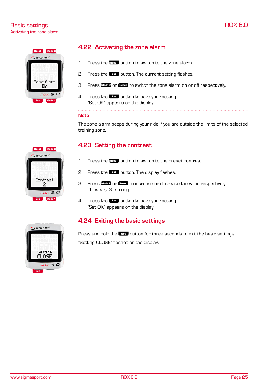 Rox 6.0, Basic settings 4.22 activating the zone alarm, 23 setting the contrast | 24 exiting the basic settings | SIGMA ROX 6.0 CAD User Manual | Page 25 / 42