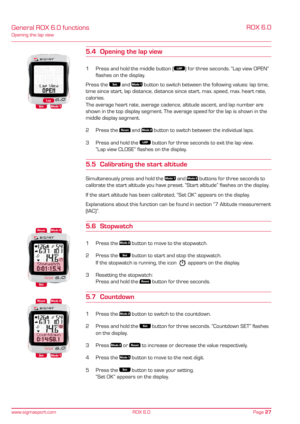 Rox 6.0, General rox 6.0 functions 5.4 opening the lap view, 5 calibrating the start altitude | 6 stopwatch, 7 countdown | SIGMA ROX 6.0 CAD User Manual | Page 27 / 42