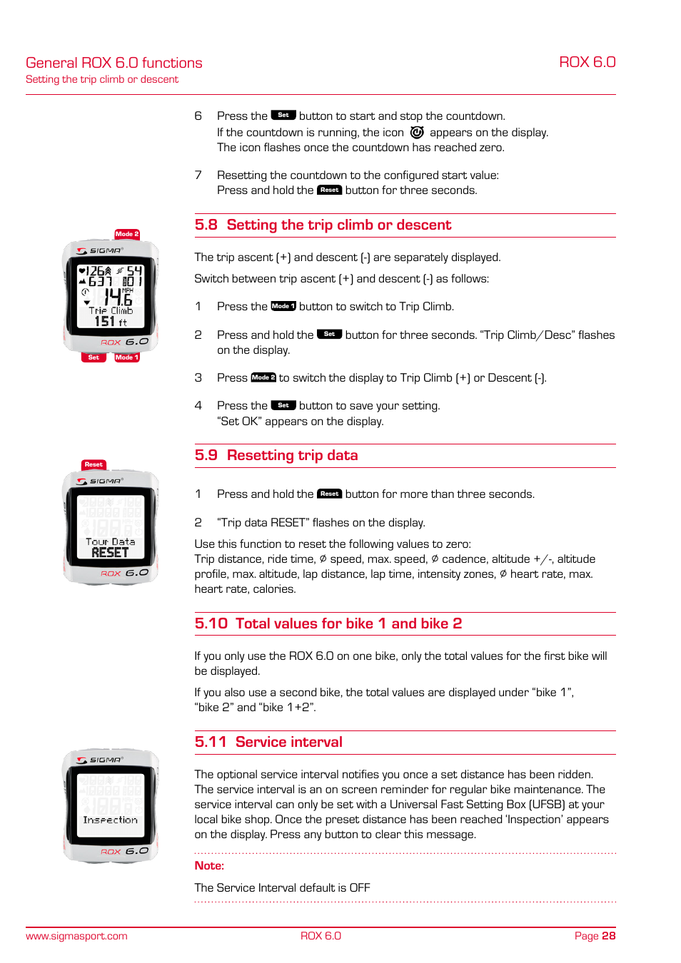 Rox 6.0, General rox 6.0 functions, 8 setting the trip climb or descent | 9 resetting trip data, 10 total values for bike 1 and bike 2, 11 service interval | SIGMA ROX 6.0 CAD User Manual | Page 28 / 42