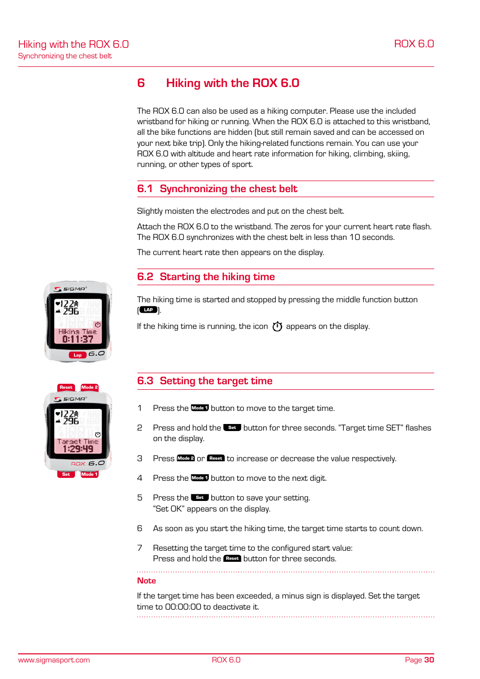 6hiking with the rox 6.0, Rox 6.0, Hiking with the rox 6.0 | 1 synchronizing the chest belt, 2 starting the hiking time, 3 setting the target time | SIGMA ROX 6.0 CAD User Manual | Page 30 / 42